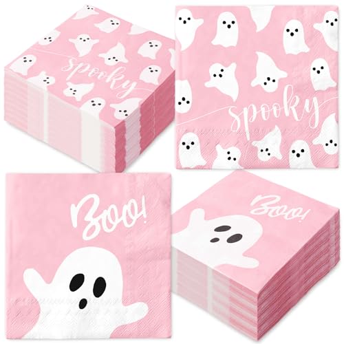 Pink Ghost Halloween Paper Napkins - 100 Pack Disposable Party Tableware