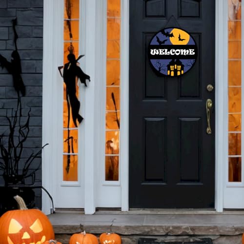 Halloween Welcome Sign - Spooky Night Door Hanger Wooden Decor 8x8 Inches