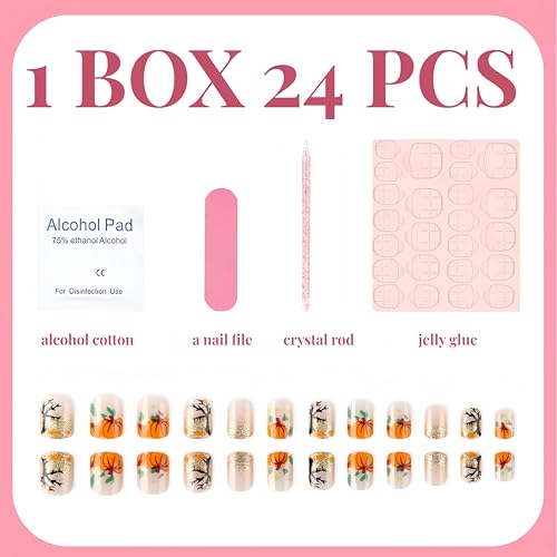 Fall Pumpkin French Tip Press On Nails Short Square Glitter Artificial Nails for Women - Autumn Variation