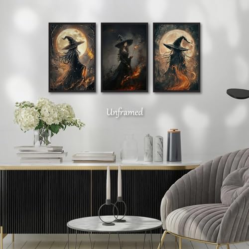 Halloween Witch Canvas Wall Art Poster - 24x16 Inches Dark Gothic Decor