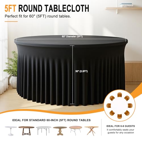 GALLETY Black Fitted Tablecloth for 5FT Round Tables - 60-Inch, Wrinkle-Free Spandex with Skirt - Black / 60" Round