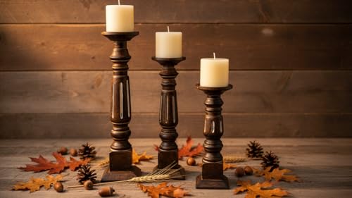 Set of 3 Rustic Mango Wood Candle Holders for Pillar Candles - Farmhouse Home Decor