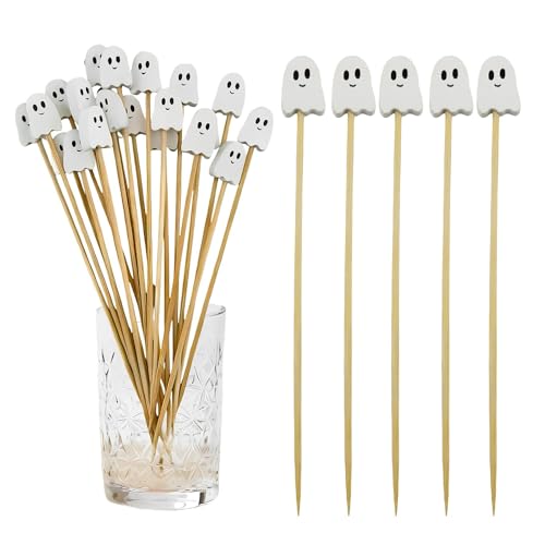 White Ghost Bamboo Cocktail Picks - 100 Pcs Halloween Party Appetizers
