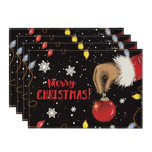 Christmas Placemats Set of 4 - Black 12x18 Inch Holiday Table Mats for Party & Kitchen Decor - Variation: Rectangular 4 Pcs