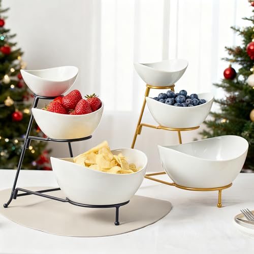 Gomakren 3-Tier Serving Bowl Set with Black Stand, Chip & Dip Holder