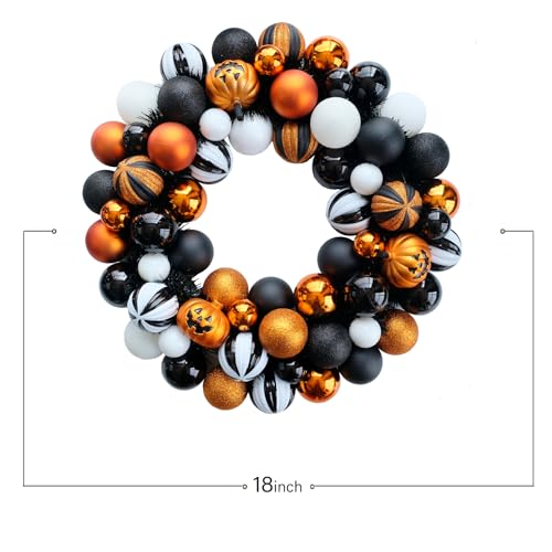 Halloween Wreath for Front Door - 18-Inch Artificial Ball Wreath Halloween Decor - Black, Gold, White Balls
