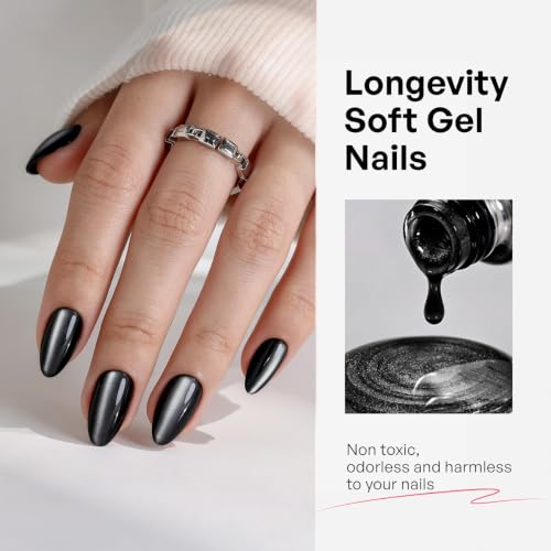 Short Almond Press-On Nails - Black Cat Eye Halloween Nails - Ink Noir 1C