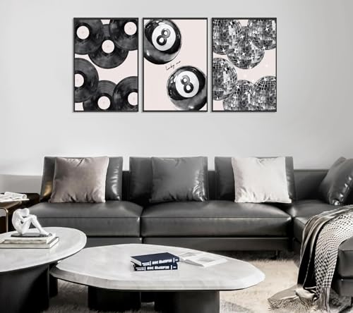 Disco Poster Wall Art Set - Black White Canvas Prints 24x16in - Lucky 8 Ball