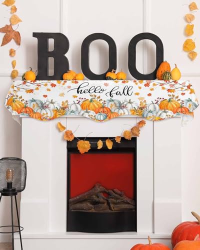 QueenKer Hello Fall Fireplace Mantel Scarf 70x17 Dark Orange Pumpkin & Maple Leaves