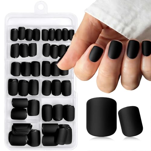 Black Short Square Press On Nails with Glue & Adhesive Tabs - Matte Finish, Reusable