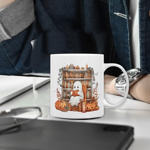 QASHWEY White Halloween Ghost Mug 11oz - Fall Book Lover's Coffee Tea Cup
