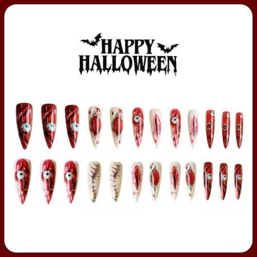 Halloween Long Almond Fake Nails with Spooky Eyes - Gothic Press On Nails Kit