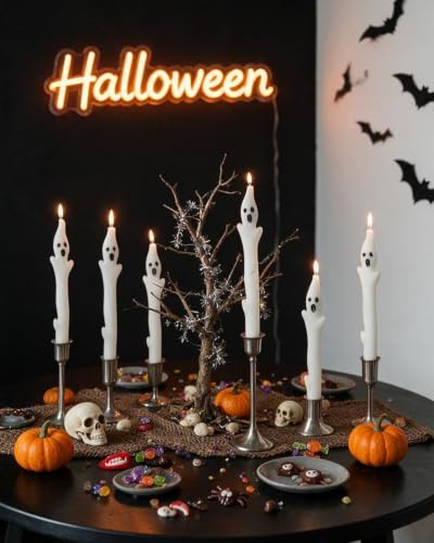 White Ghost Taper Candles Set of 6 - Spooky Halloween Dinner Decor, 10 Inch