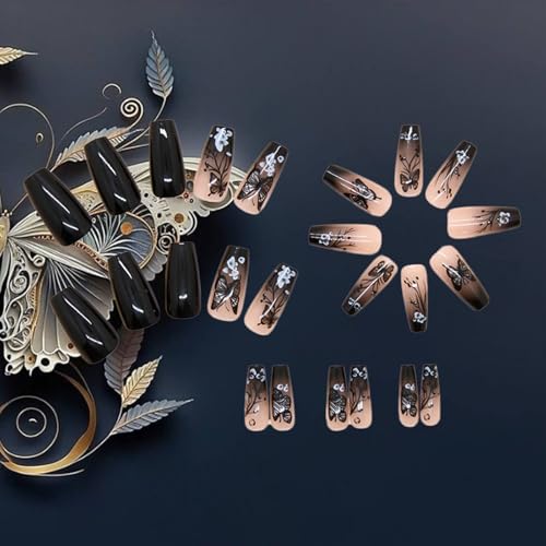Square Black Butterfly Press On Nails with White Flower Design - Medium Coffin Fake Nails for Manicure