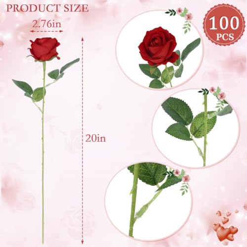 Artificial Red Roses Bulk - 100 Realistic Silk Flowers with Bendable Stems