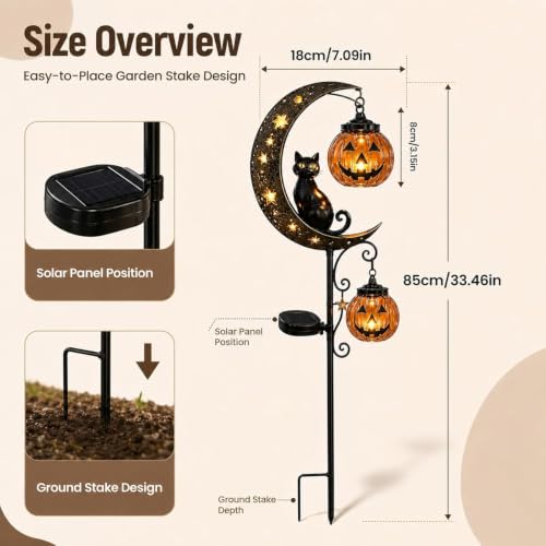 Solar Halloween Garden Stake Light with Black Cat & Pumpkin Moon - Style A