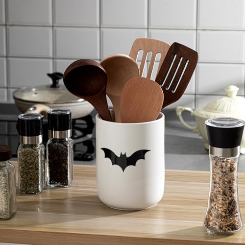 Halloween Bat Ceramic Utensil Holder - Gothic Kitchen Countertop Organizer with Customizable Sticker - Farmhouse Decor