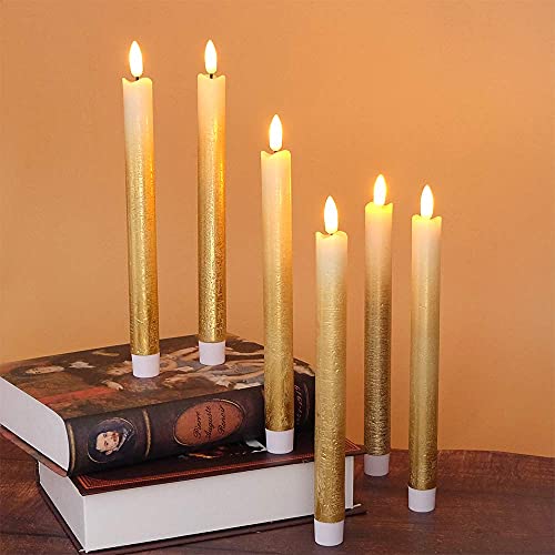 Gold Flickering Flameless Taper Candles with Remote & Timer - 6 Pack