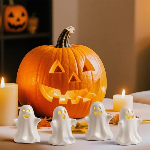 Halloween Ghost Decor Set Light Up LED Ceramic Ghosts 4 Pack - 3 Inch
