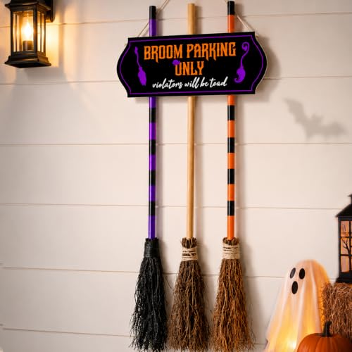 Halloween Broom Parking Sign with 3 Wooden Witch Brooms - Spooky Outdoor Decor
