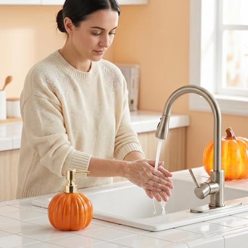 Halloween Pumpkin Soap Dispenser - Orange Ceramic Refillable Liquid Pump Bottle - Fall Decor