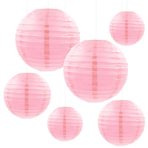 Pink Round Paper Lanterns Set of 6 - Decorative Hanging Party Lights for Wedding Baby Shower Halloween Birthday