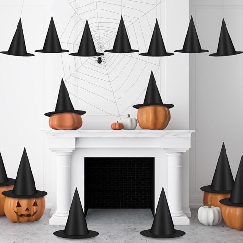 36 Pack Hanging Witches Hats for Halloween Decor - Black Floating Witch Hat with 492 ft Rope - Outdoor Porch Decorations - Variation of 36