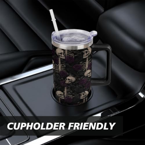 Purple Skull Halloween Tumbler 40oz Insulated Stainless Steel with Handle & Straw