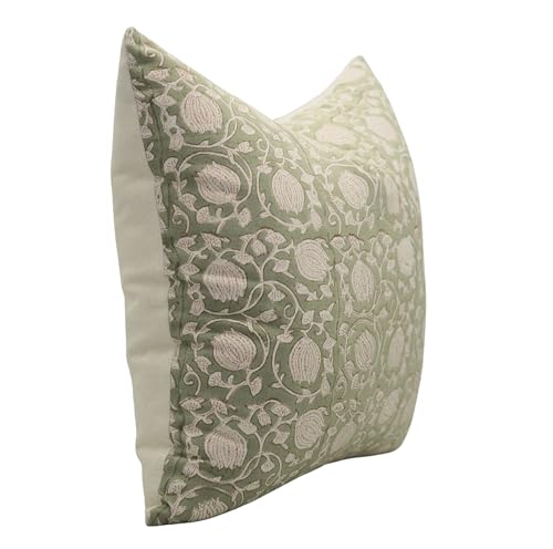 Light Green Handmade Block Print Cotton Throw Pillow Cover 14x20 Inches with Invisible Zipper - Farmhouse Decor