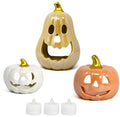 Set of 3 Halloween Ceramic Pumpkin Tea Light Holders Jack O Lantern Decor