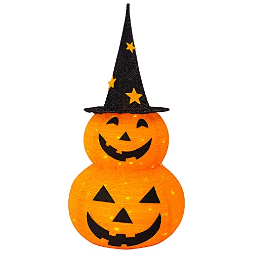3FT Halloween Collapsible Pumpkin Decor with Lights, Star Hat, 8 Modes