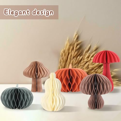 Fall Honeycomb Pumpkin & Mushroom Centerpieces Decor Set - 6 Pieces for Thanksgiving