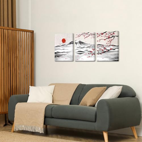 Japanese Cherry Blossom Mount Fuji Canvas Wall Art Set - 12x16 Inches, 3 Pieces