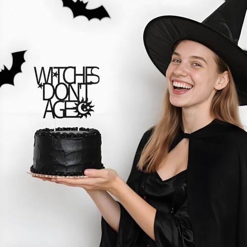 Halloween Witches Don't Age Cake Topper Black Glitter Decor for Birthday Party