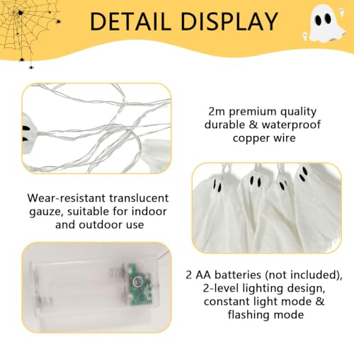 White 6.5FT Fabric Ghost String Lights for Halloween Party - Warm Glow