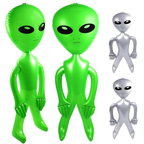Giant Inflatable Alien Balloon Set - 2 Large 63In Green + 2 Small 31.5In Silver Space Party Decorations