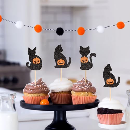 Halloween Cat Cupcake Toppers Pumpkin Kitty Set - 24 Pcs
