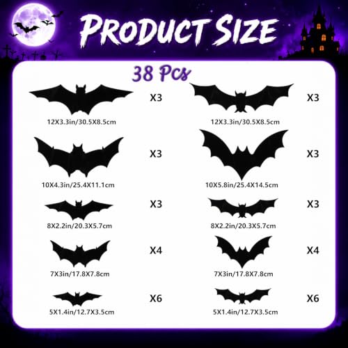 38 Pcs LED Halloween Bat Wall Decor Set - 3D Indoor Outdoor Decorations