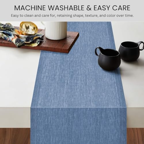 Light Blue 100% Linen Table Runner 72 Inch Long - Rustic Farmhouse Decor