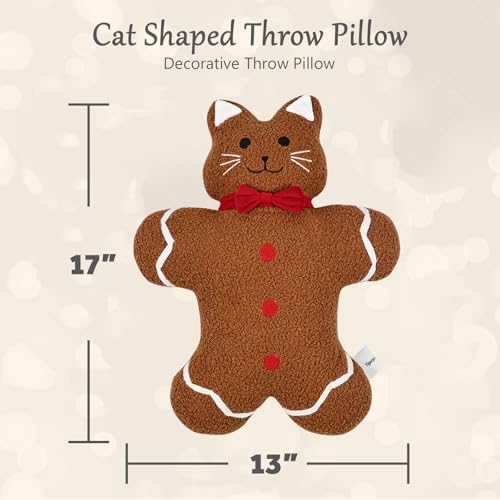 17 Inch Gingerbread Cat Plush Pillow - Cozy Decorative Throw Cushion