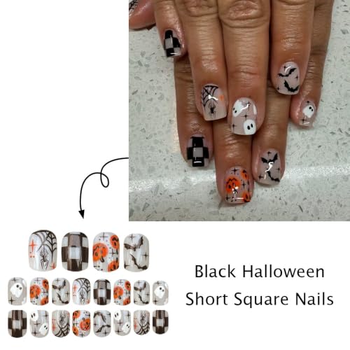 Halloween Press On Nails Short Square Pink Fake Nails Ghost Pumpkin Design W25