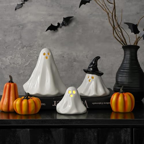 Ceramic Light-Up Halloween Ghost Decor Figurines - Indoor Party Decorations, 3 Pack