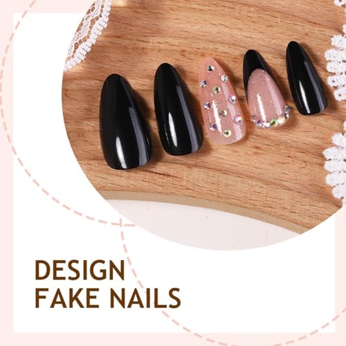 Press On Nails Almond Fake Nails with Glitter Rhinestones Design - Pink Glue On Full Cover False Nails, 24Pcs