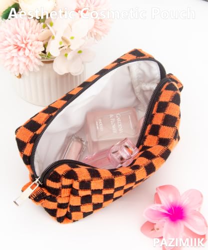 Checkered Makeup Bag for Purse - Halloween Orange Small Travel Cosmetic Pouch - 1 Pack