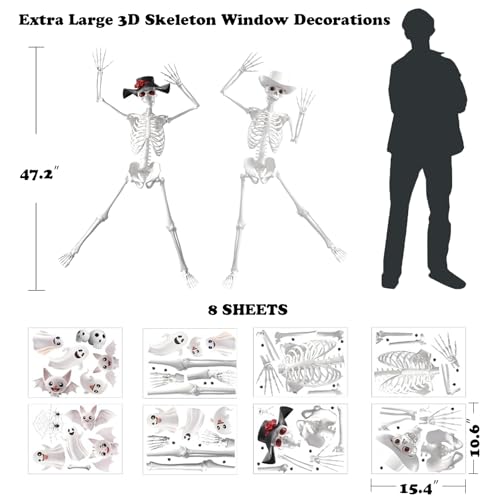 Giant Skeleton Halloween Window Clings - Spooky Ghosts Bats & Bones - Reusable Decorations for Glass Doors & Windows
