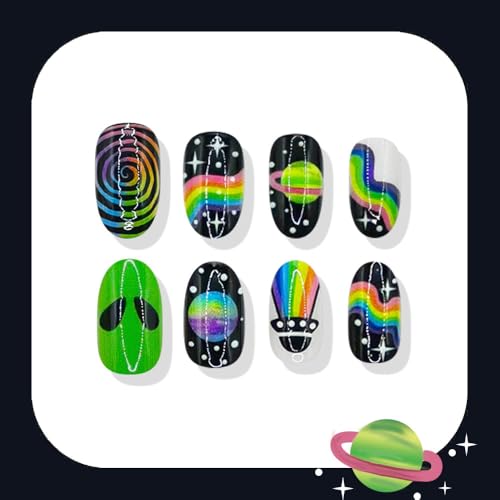 24 Pcs Short Oval Press On Nails with Rainbow Alien Design - Night Sky Variation