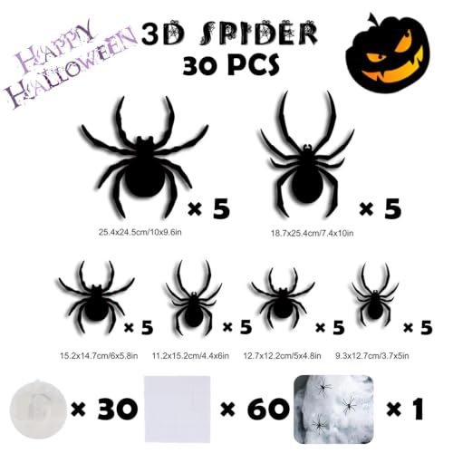30 Pack Halloween 3D Spider Wall Decor with LED Lights and Fake Web