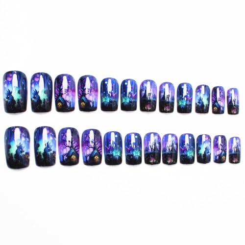 Halloween Press-On Nails Medium Square Fake Nails 24P Set - Witch Forest Design - Variation 27
