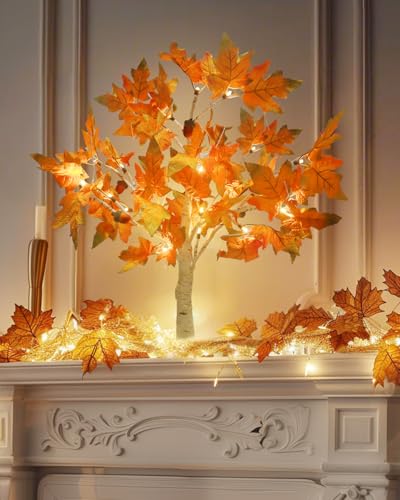 Fall Light Up Artificial Maple Tree Set - 22 Inch Battery-Operated LED Decor for Thanksgiving & Halloween
