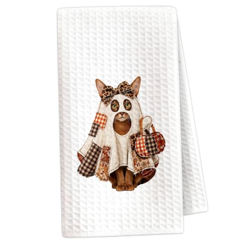 Abyssinian Ghost Halloween Hand Towel - Cat Kitchen Bathroom Decor